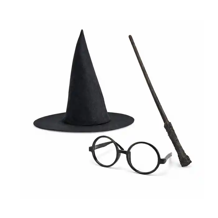 Harry Potter Tarzı Çocuk Seti - Siyah Keçe Şapka, Asa, Gözlük