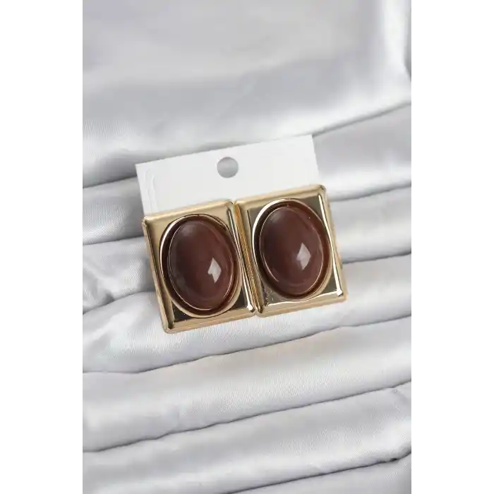 Kahverengi Kare Model Vintage Gold Renk Kadın Küpe