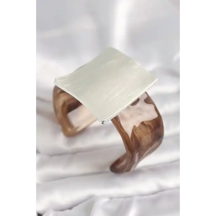 Kahverengi Mermer Desen Akrilik Plastik Gümüş Kare Plaka Model Vintage Kadın Bilezik