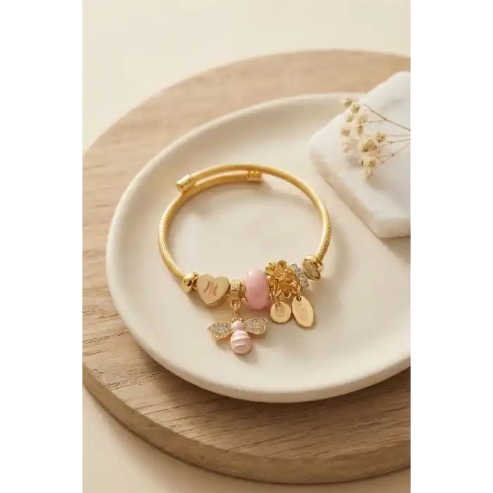 Kalp ve Arı Model Pembe Charmlı Bileklik
