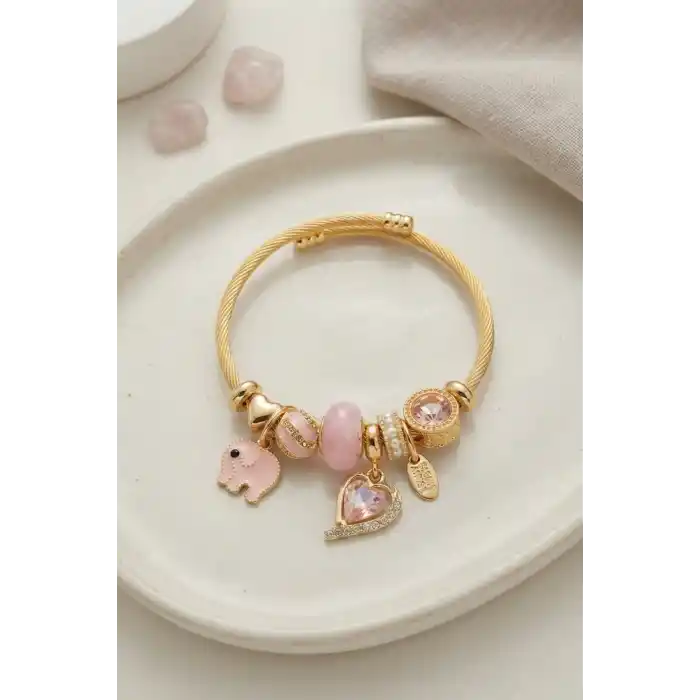 Kalp ve Fil Model Pembe Charmlı Bileklik