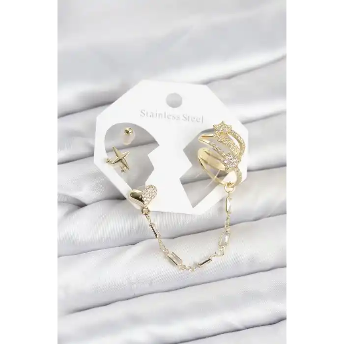 Kalp Yıldız Model Pirinç Gold Renk Zincir Bağlantılı Ear Cuff Küpe Seti