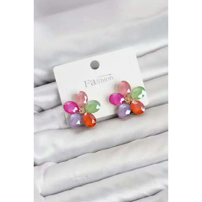 Karışık Renk Kristal Taşlı Çiçek Model Kadın Küpe