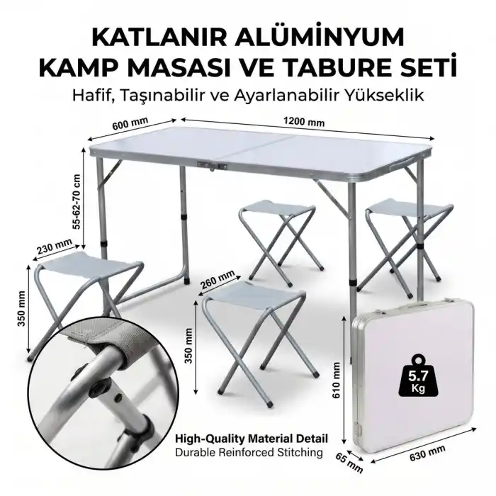 Katlanabilir Alüminyum Kamp Masası ve 4 lü Tabure Seti