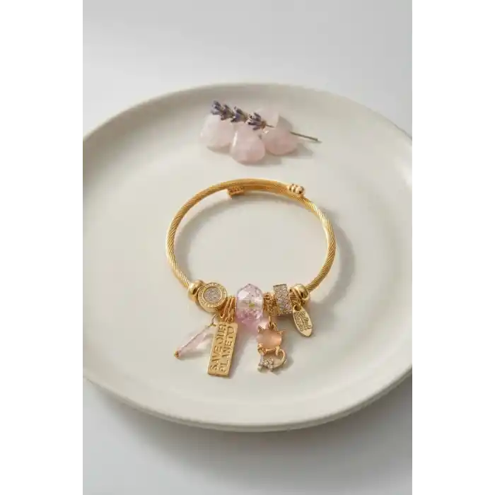 Kedili Model Pembe Charmlı Bileklik