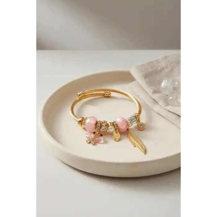 Kelebek Model Gold Renk Pembe Charmlı Bileklik