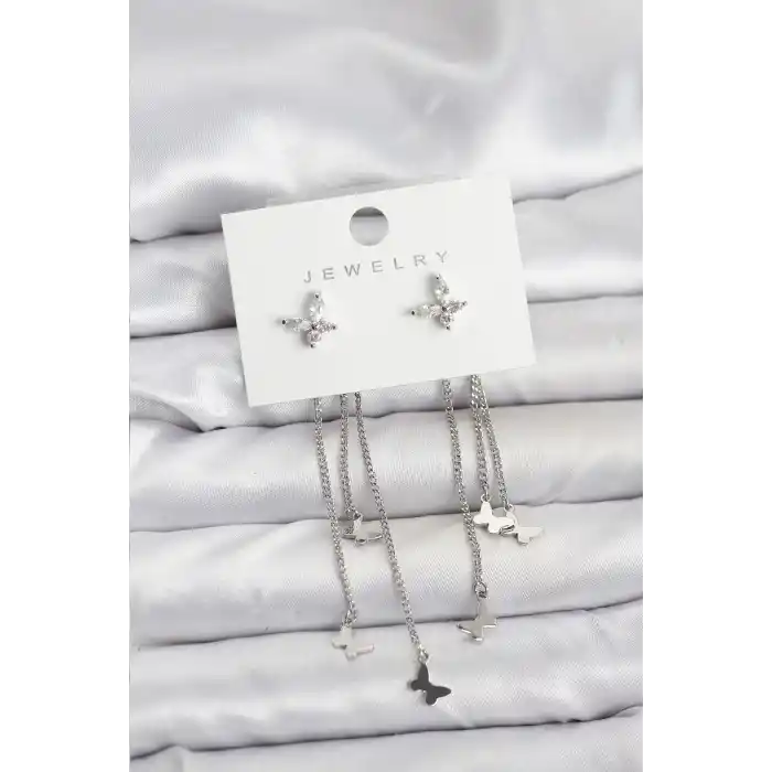 Kelebek Model Gümüş Renk Pirinç Sallantılı Kadın Küpe