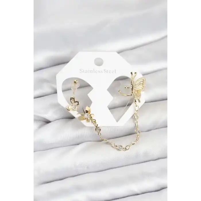 Kelebekli Model Pirinç Gold Renk Zincir Bağlantılı Ear Cuff Küpe Seti