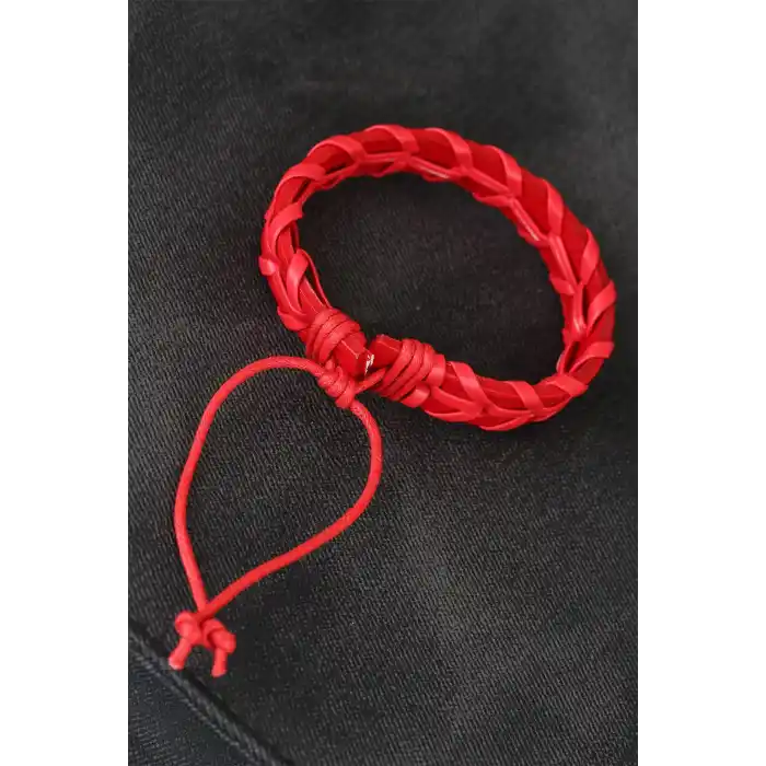 Kırmızı Örgü Deri Erkek Bileklik