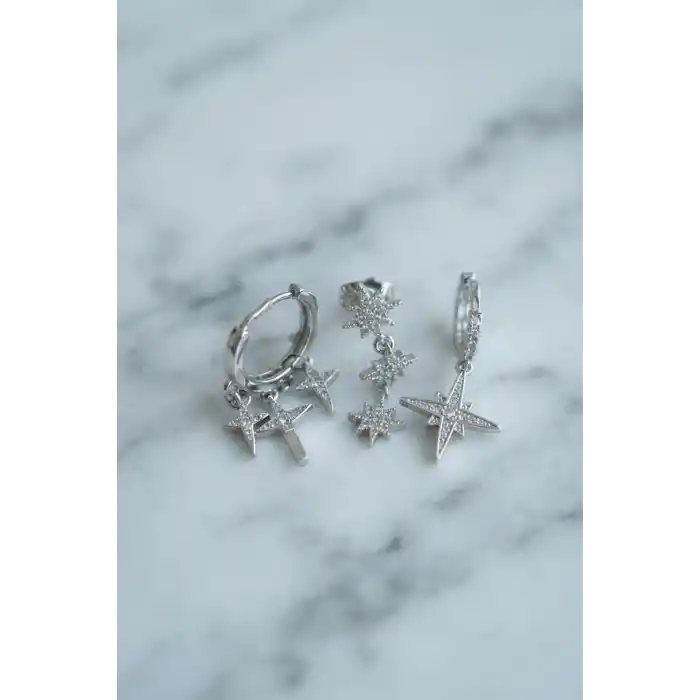 Kutup Yıldızı Model Gümüş Renk 3 lü Küpe Set