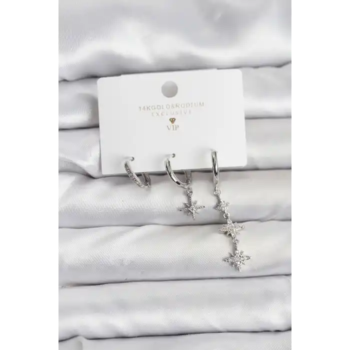 Kutup Yıldızı Model Gümüş Renk Pirinç 3lü Kadın Küpe Seti