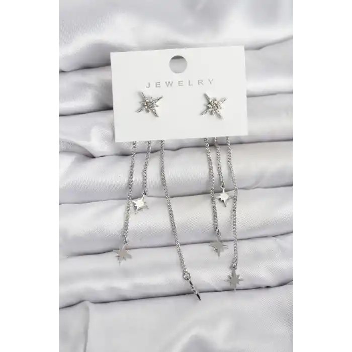 Kutup Yıldızı Model Gümüş Renk Pirinç Sallantılı Kadın Küpe