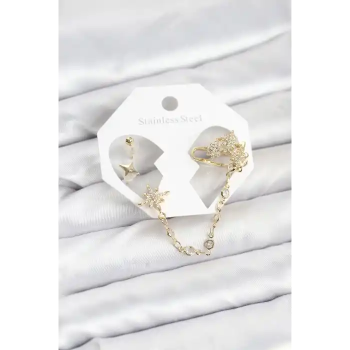 Kutup Yıldızı Model Pirinç Gold Renk Zincir Bağlantılı Ear Cuff Küpe Seti