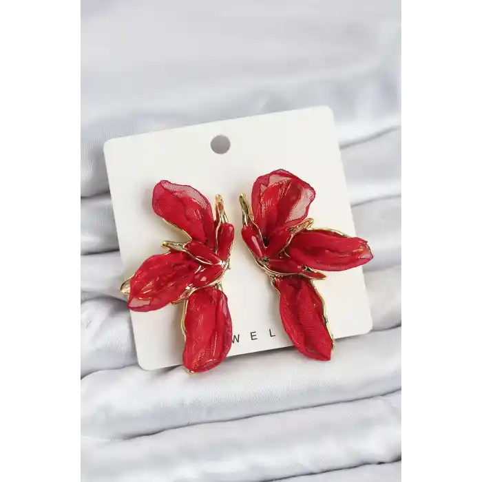 Lotus Model Kırmızı Renk Tüllü Kadın Küpe