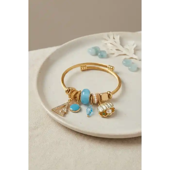 Mavi Deniz Kabuğu Model Gold Renk Charmlı Bileklik