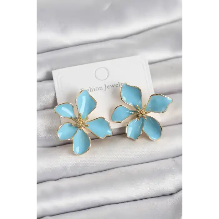 Mavi Mineli Çiçek Model Pirinç Kadın Küpe