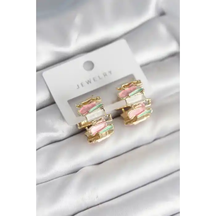 Mineli Karışık Renkli Gold Pirinç Kadın Küpe