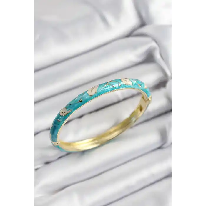 Mineli Pirinç Krem Ve Turkuaz Yaprak Motifli Gold Renk Kadın Kelepçe