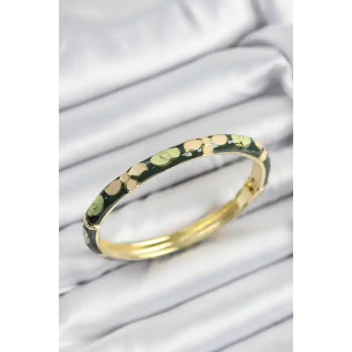Mineli Pirinç Krem Ve Yeşil Çiçek Motifli Gold Renk Kadın Kelepçe