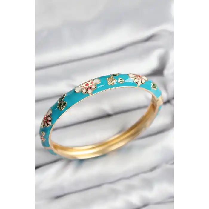 Mineli Pirinç Mavi Çiçek Motifli Gold Kadın Kelepçe