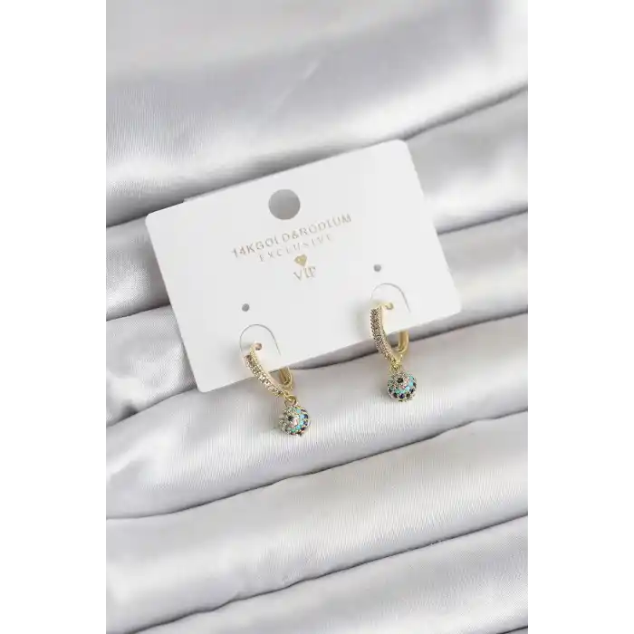 Minimal Nazarlı Model Gold Renk Zirkon Taşlı Kadın Küpe