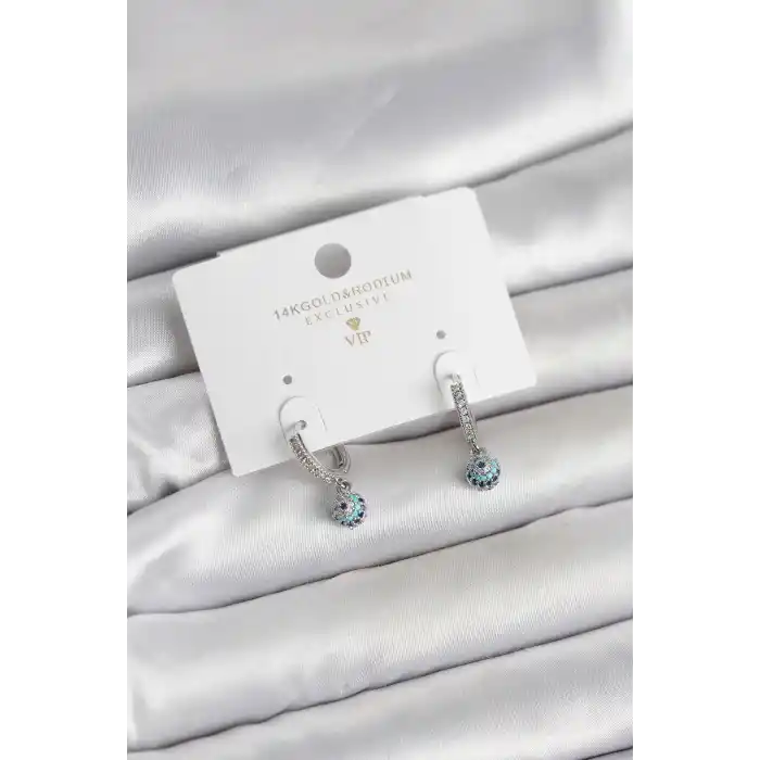 Minimal Nazarlı Model Gümüş Renk Zirkon Taşlı Kadın Küpe