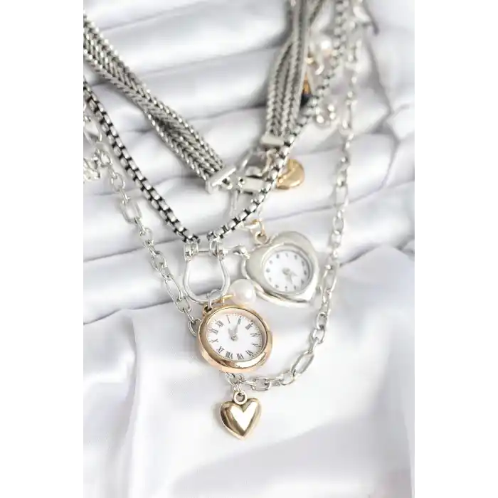 Otantik Gümüş Renk Kadın Kolye Kombini