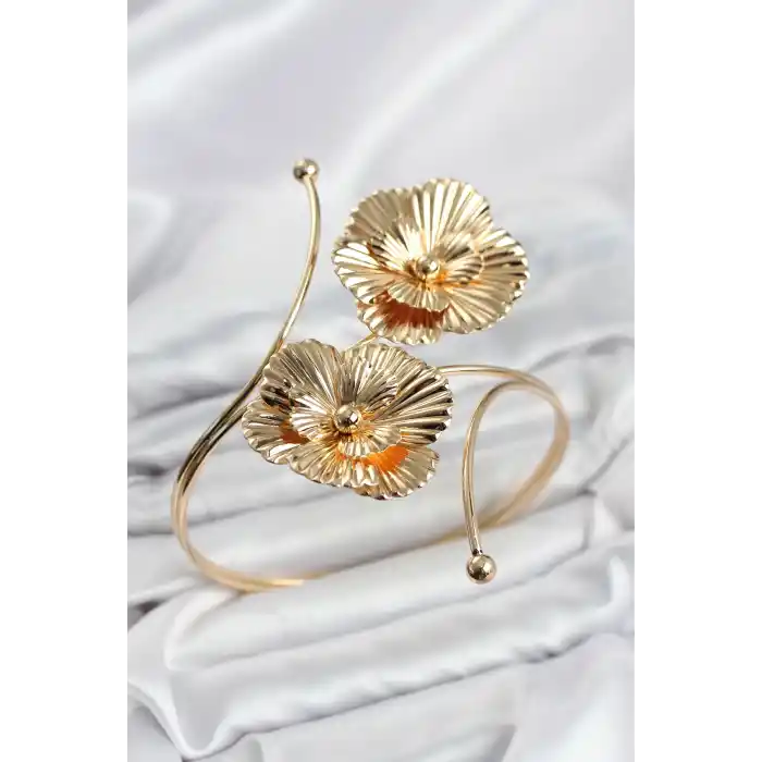 Pazu Bileklik Gold Renk Pirinç Çiçek Model