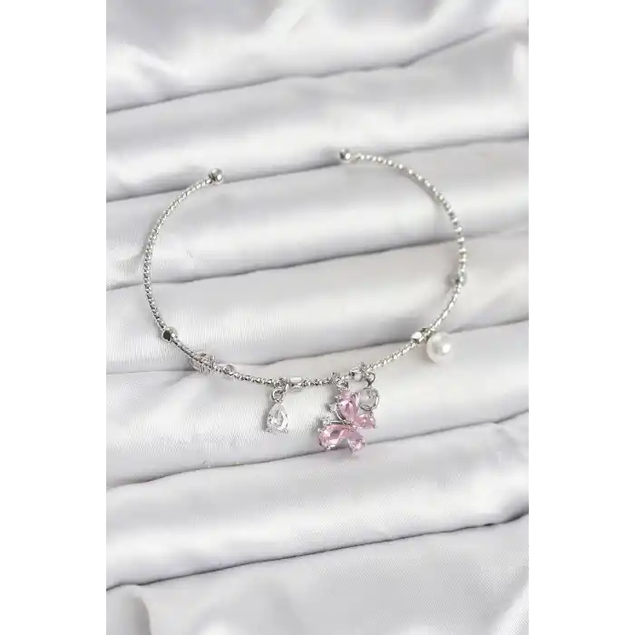 Pembe Kelebek Charmlı Gümüş Renk Kadın Bileklik