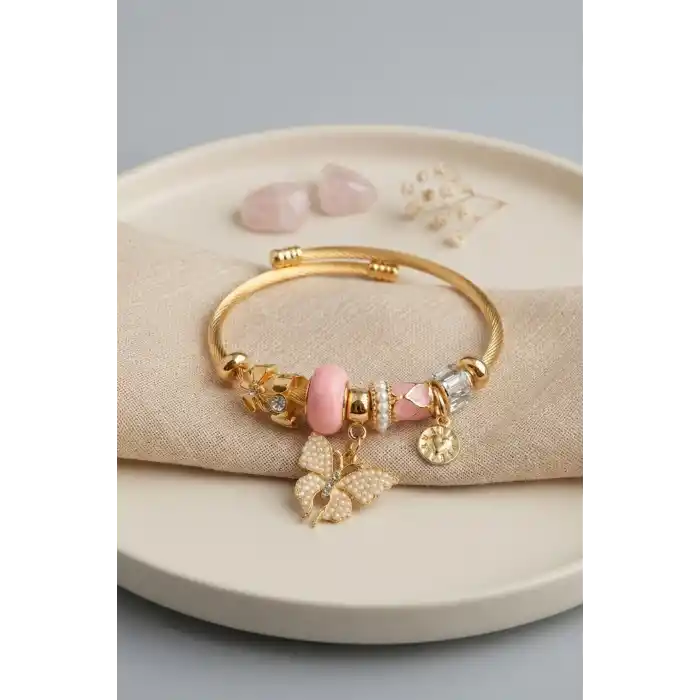 Pembe Kelebek Model Gold Renk Charmlı Bileklik