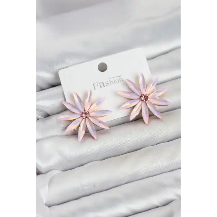 Pembe Kristal Taşlı Lotus Model Kadın Küpe