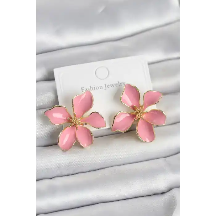 Pembe Mineli Çiçek Model Pirinç Kadın Küpe