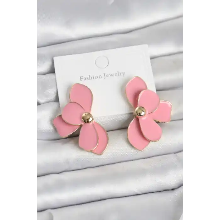 Pembe Mineli Lotus Model Pirinç Kadın Küpe