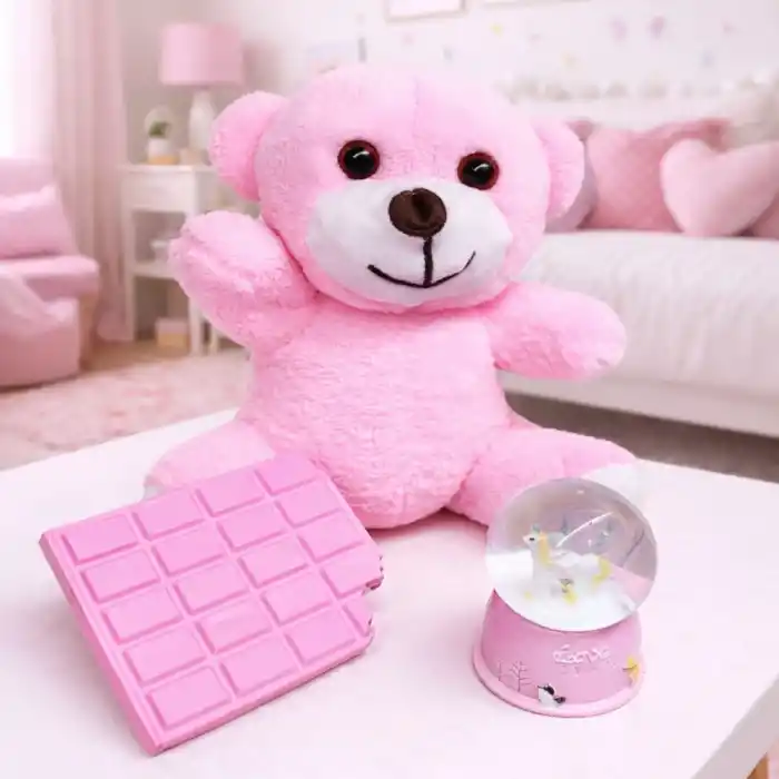 Pembe Peluş Ayıcık Kar Küresi Ve Pembe Çikolata Not Defteri