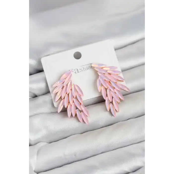 Pembe Renk Kristal Taşlı Kanat Küpe
