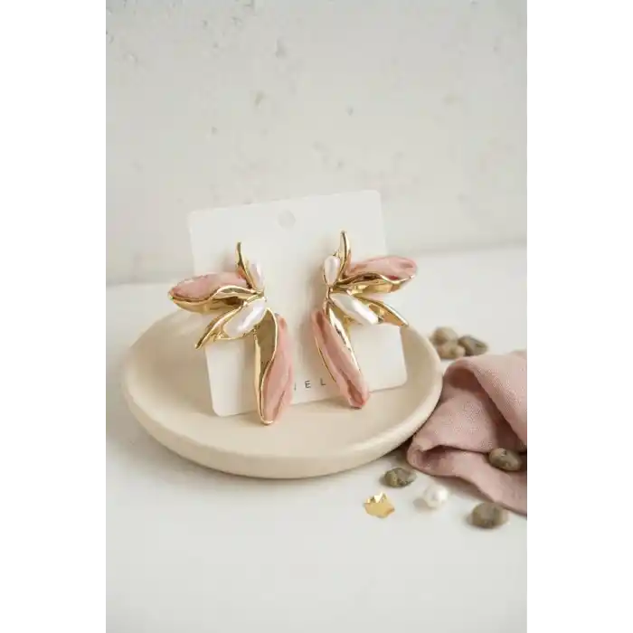 Pembe Renk Lotus Yaprak Model Kadın Küpe