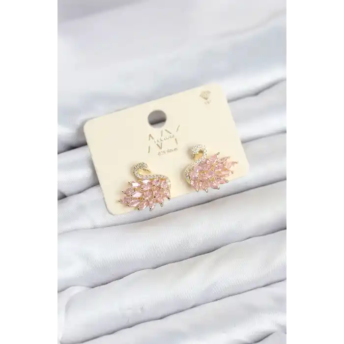 Pembe Zirkon Taşlı Gold Swan Kuğu Model Kadın Küpe