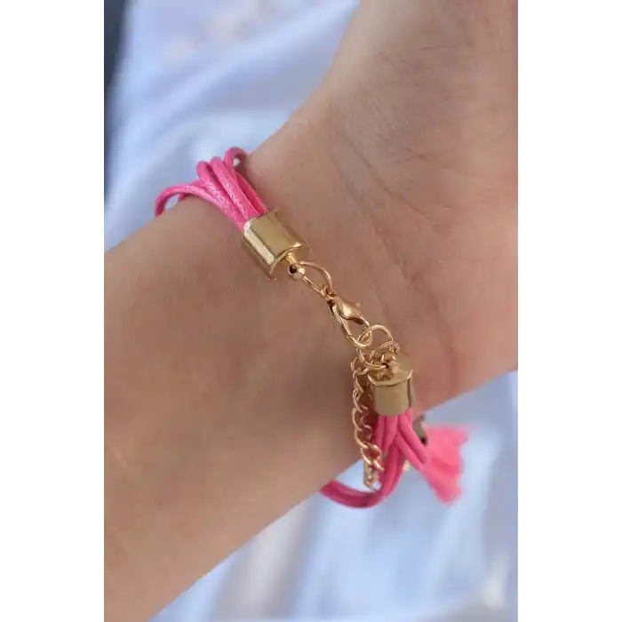 Pembe Zirkon Taşlı İpli Püskül Detay Çoklu Bileklik