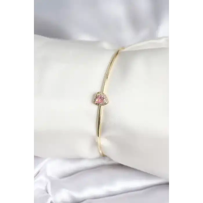 Pembe Zirkon Taşlı Kalp Model Gold Renk Kadın Bileklik