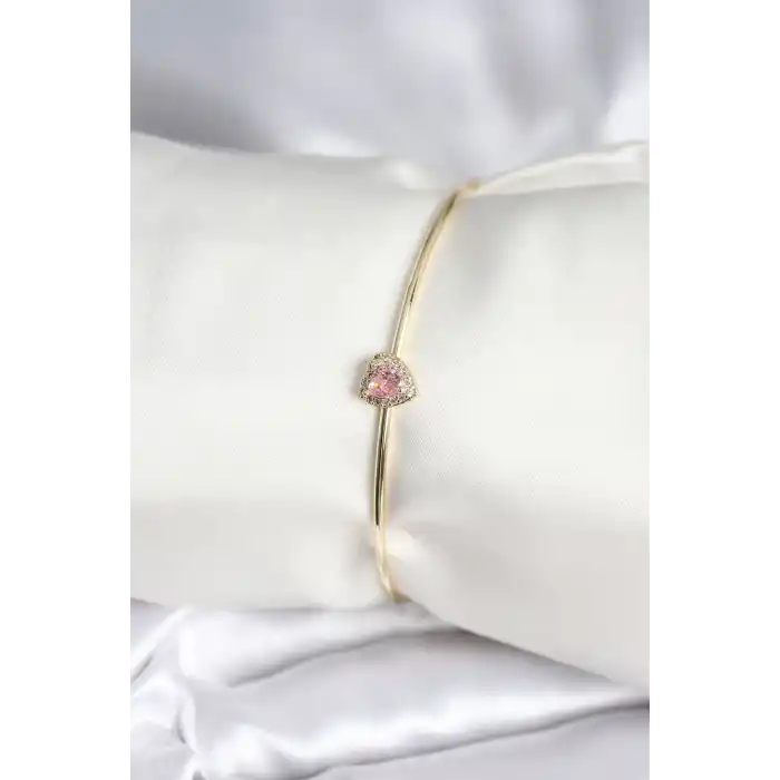 Pembe Zirkon Taşlı Kalp Model Gold Renk Kadın Bileklik