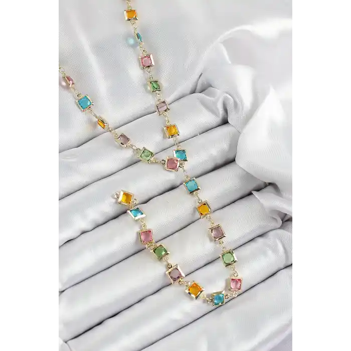 Pirinç Asorti Kare Model Gold Renk Zirkon Taşlı Y Kolye