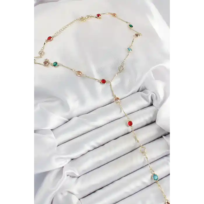 Pirinç Asorti Model Gold Renk Zirkon Taşlı Y Kolye