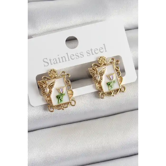 Pirinç Beyaz Mineli Sanatsal Portre Model Gold Renk Kadın Küpe