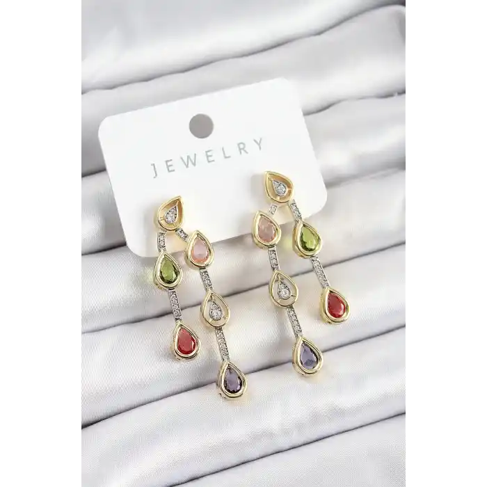 Pirinç Çoklu Damla Model Karşık Zirkon Taşlı Gold Ve Gümüş Renk Kadın Küpe