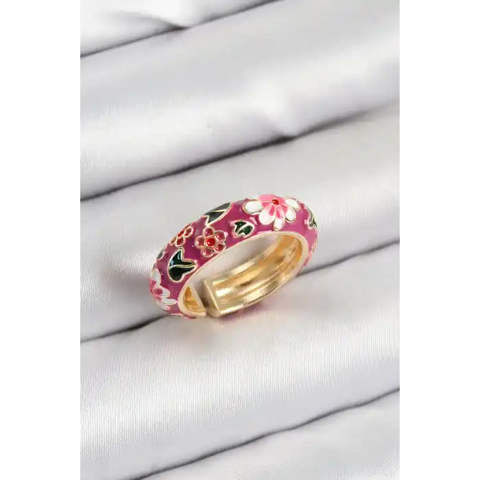 Pirinç Fuşya Mineli Çiçek Motifli Gold Renk Ayarlanabilir Kadın Yüzük