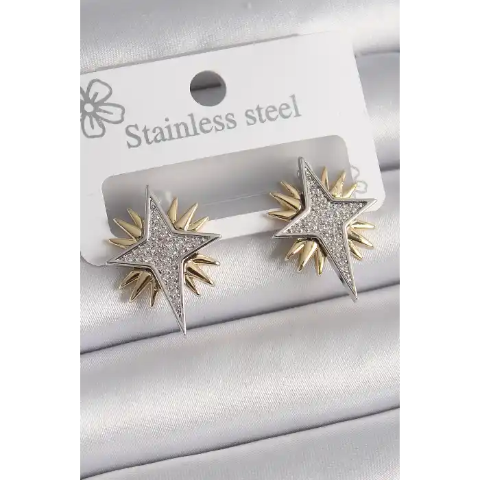 Pirinç Gold Gümüş Renk Zirkon Taşlı Kutup Yılıdız Model Kadın Küpe