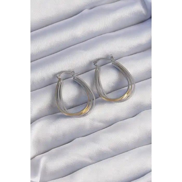 Pirinç Gold Gümüş Renkli Oval Çoklu Görünümlü Küpe