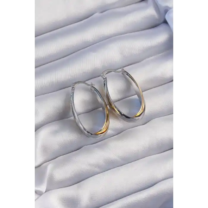 Pirinç Gold Gümüş Renkli Uzun Kıvrımlı Küpe