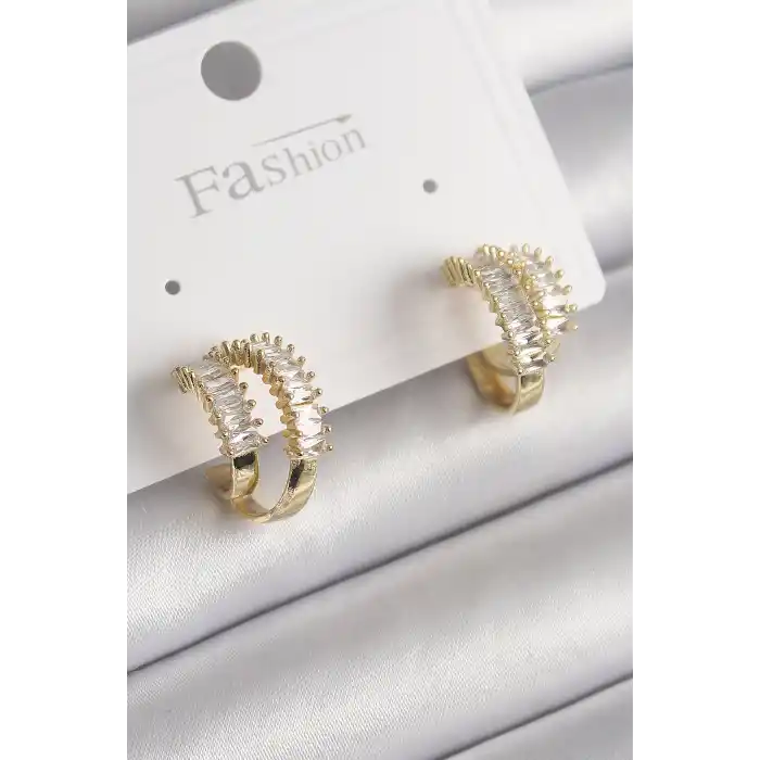 Pirinç Gold Renk 2Li Zirkon Taşlı Halka Model Kadın Küpe