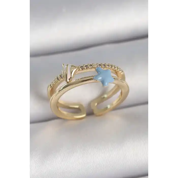 Pirinç Gold Renk 2Li Zirkon Taşlı Mavi Yıldız Figür Ayarlanabilir Kadın Yüzük